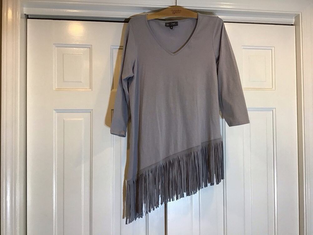 DG2 Diane Gilman Gray Blue Asymmetric Fringe Western Faux Suede Top M Indie